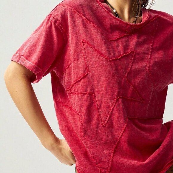 Red Casual Women's Star Pattern Round Neck Short Sleeve Loose Washing T-Shirt - Picture 6 of 7